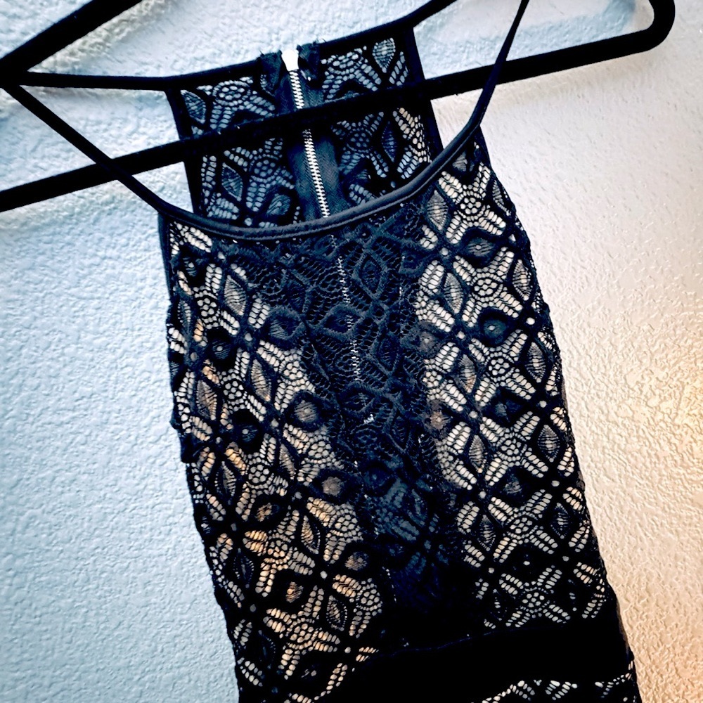 Black lace romper with tan underlining